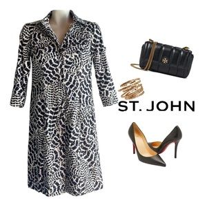 ST. JOHN SPORT BLACK WHITE FEATHER PRINT SHIRT DRESS SZ P